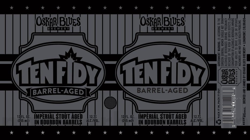 2025 Oskar Blues Barrel-Aged Ten Fidy 12oz Cans.