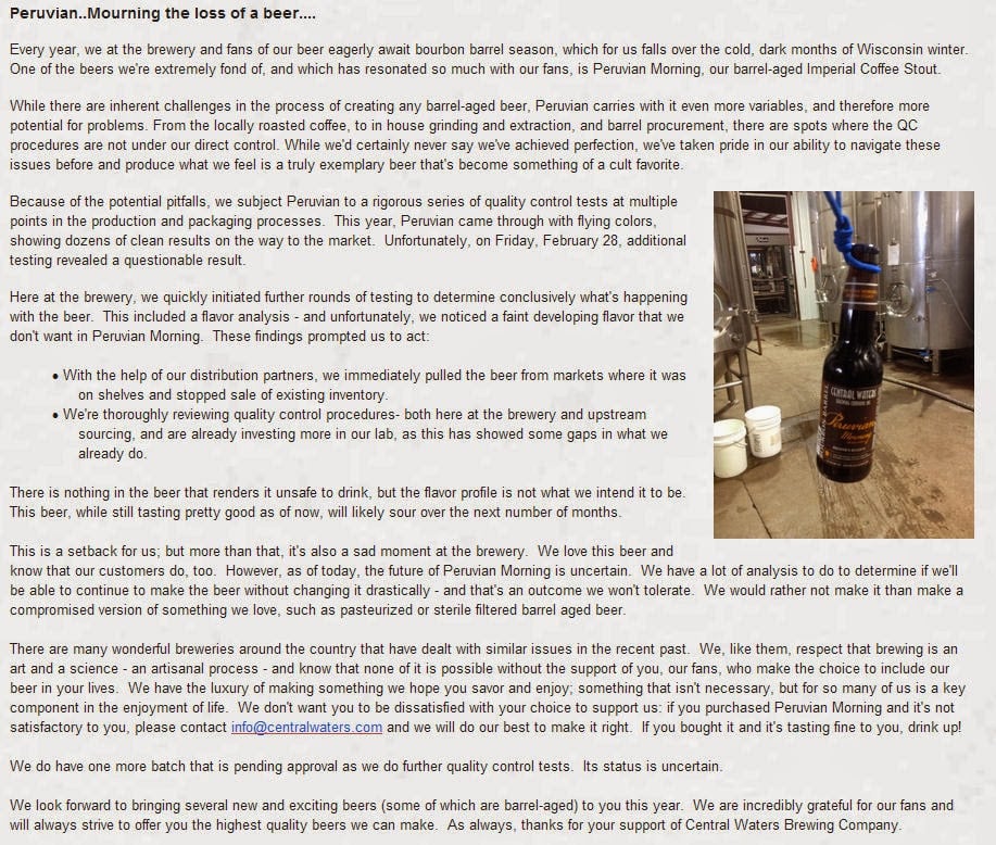 Central Waters Recalls Peruvian Morning Stout Again