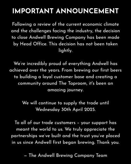 UK’s Andwell Brewing Announces Closure