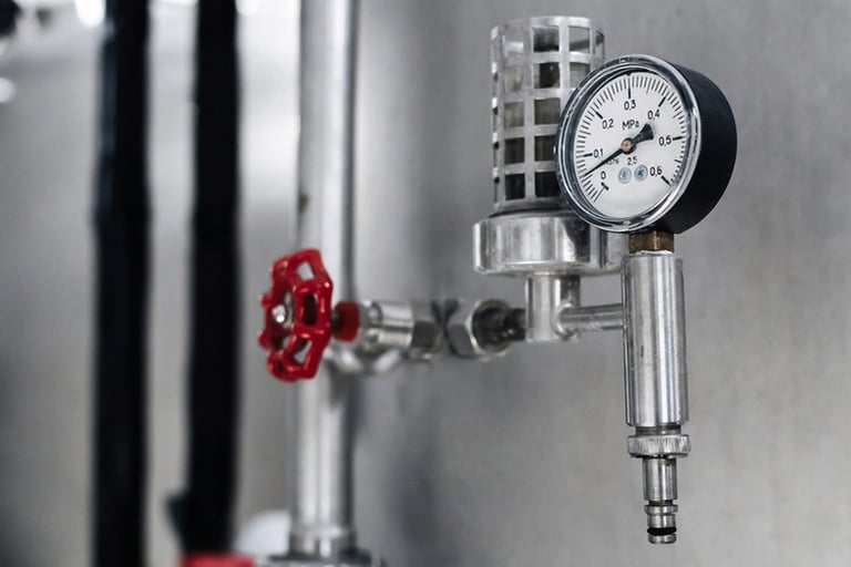 Pressure gauge and red valve on stainless steel brewery equipment representing smart monitoring in modern beer production