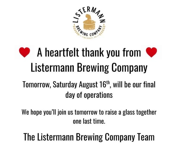 Listermann Brewing Announces Permanent Closure in Cincinnati Ohio After 33 Years