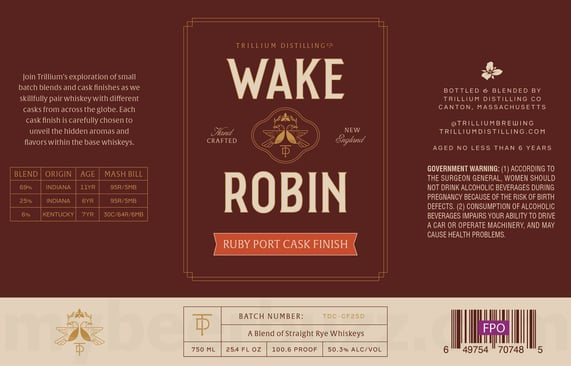 2025 Trillium Distilling Wake Robin Ruby Port Cask FInish 750ml Bottles