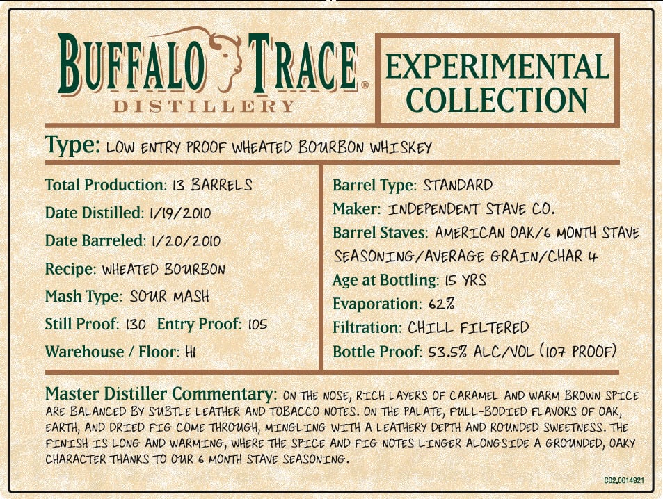 Buffalo Trace Experimental Collection 15 Year Low Entry Proof Wheated Bourbon Whiskey