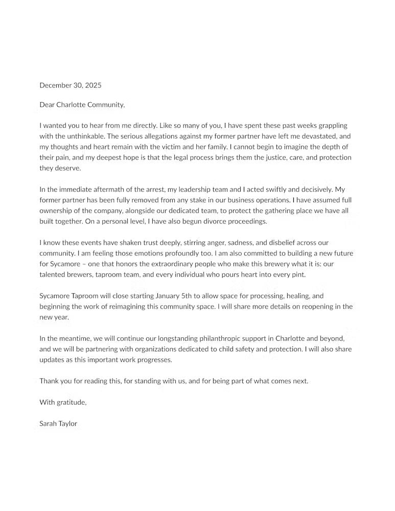 Sycamore Brewing Closure Letter