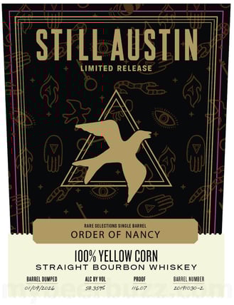 2025 Still Austin Limited Release Rare Selections Single Barrel: Order Of Nancy 100% Yellow Corn Straight Bourbon Whiskey 750ml Bottles