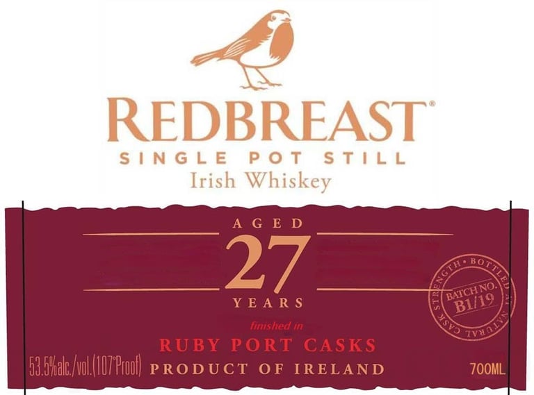 2026 Redbreast 27 Year Single Pot Still Irish Whiskey 700ml Bottles