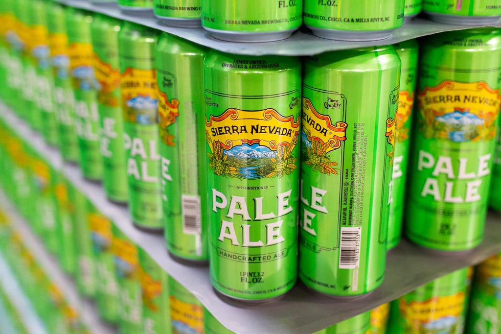 A palate of tall boy cans of Sierra Nevada Pale Ale