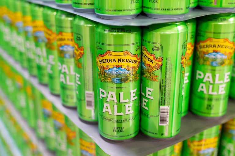 A palate of tall boy cans of Sierra Nevada Pale Ale
