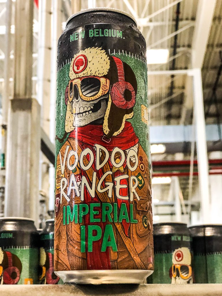 Tall boy of Voodoo Ranger IPA in a brewing facility.