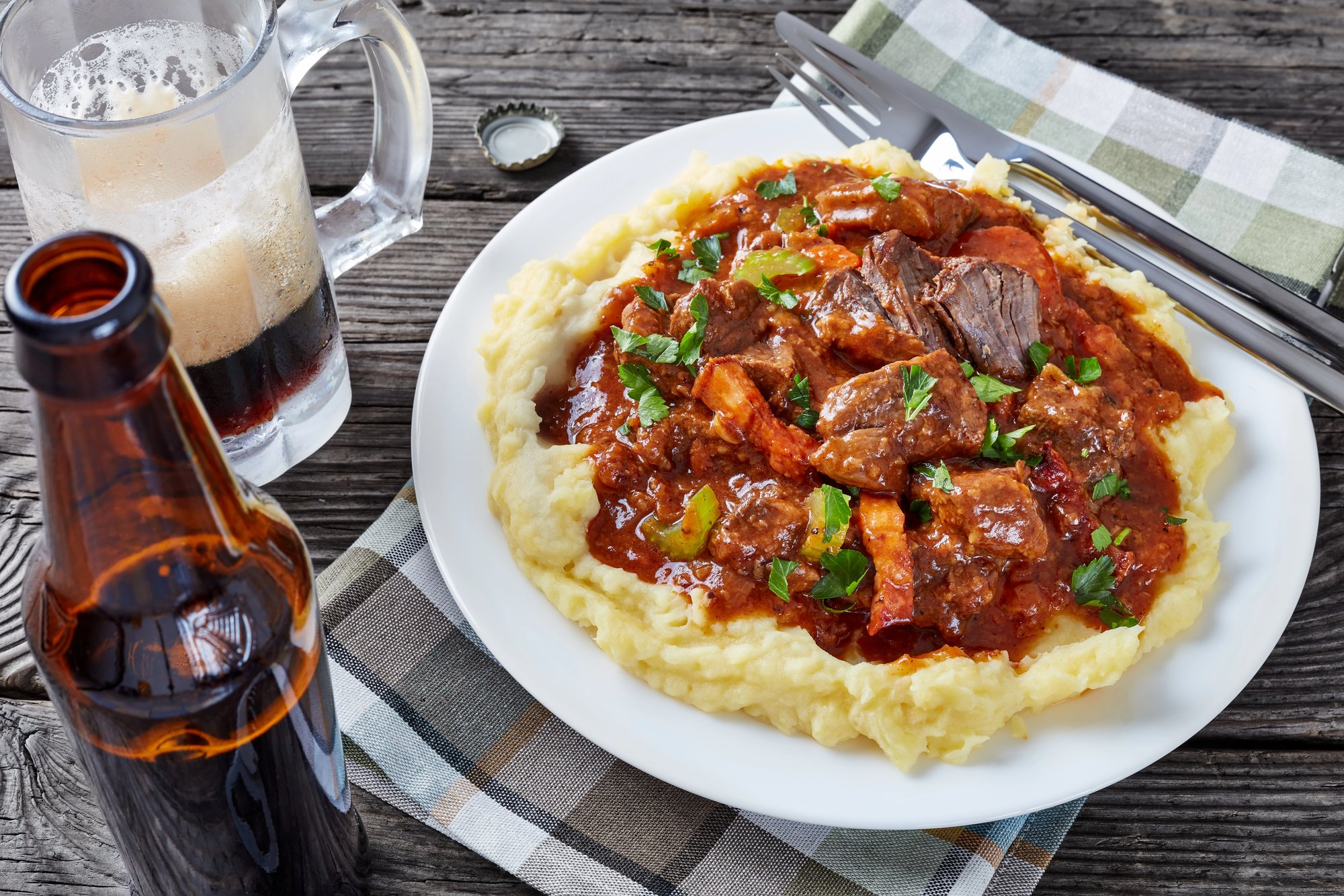 Mashed potato topped with Irish beer stew