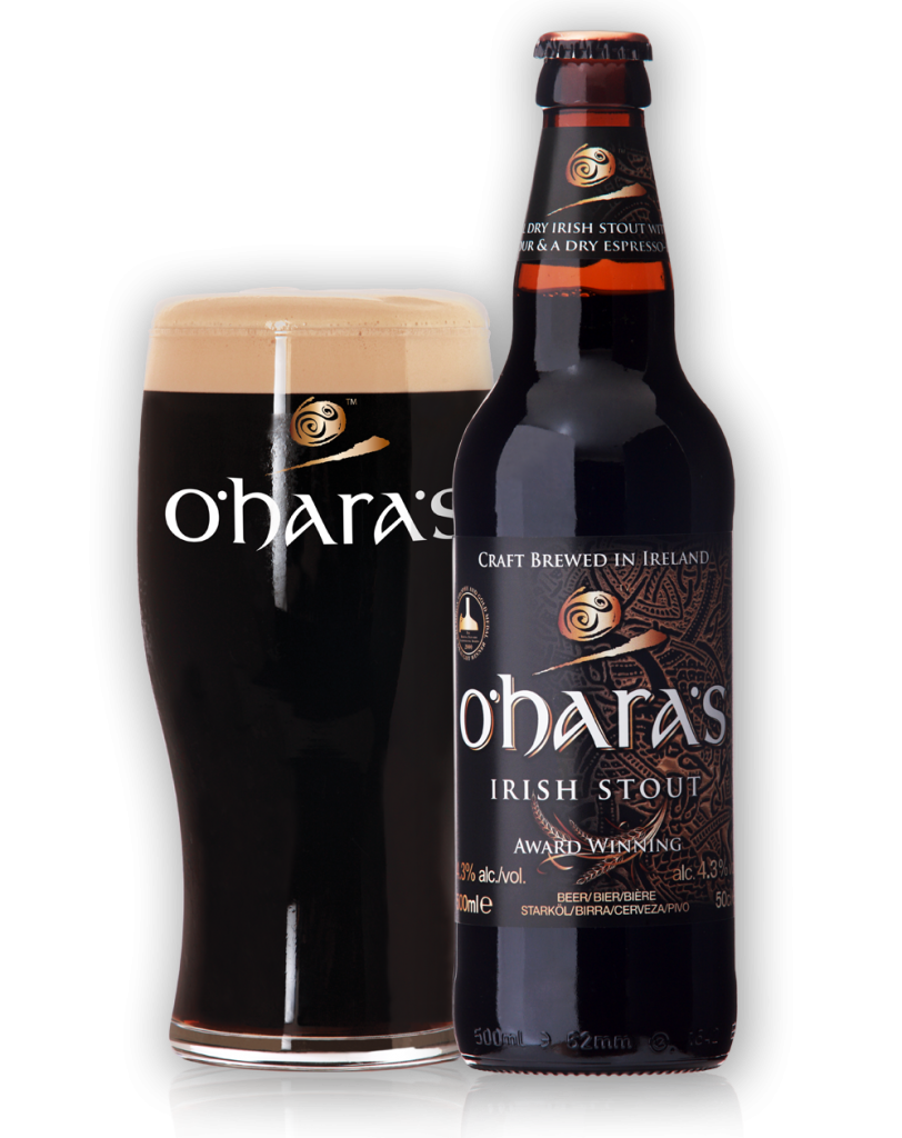 O’Hara’s Irish Stout beer in a glass along with a bottle