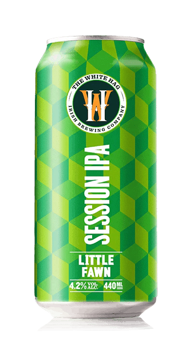 Can of The White Hag Little Fawn Session IPA with green geometric pattern label, 4.2% ABV, 440ml.