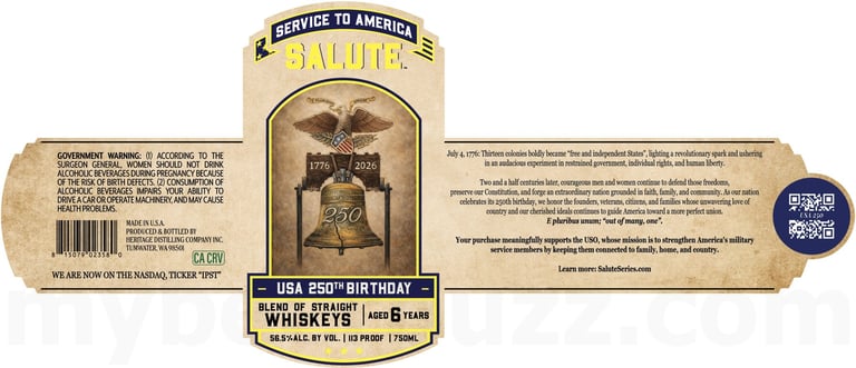2026 Heritage Distilling Service To America Salute USA 250th Birthday 6 Year Blend 750ml Bottles