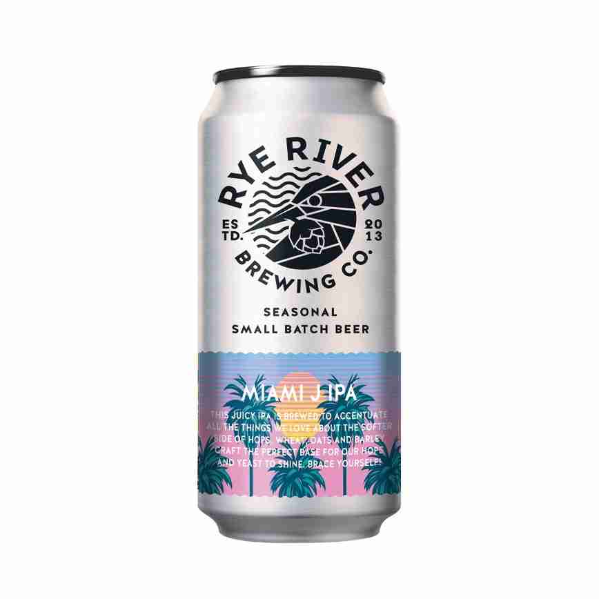 Can of Rye River Brewing Co. Miami IPA seasonal small batch beer with a sunset-and-palm-tree label.