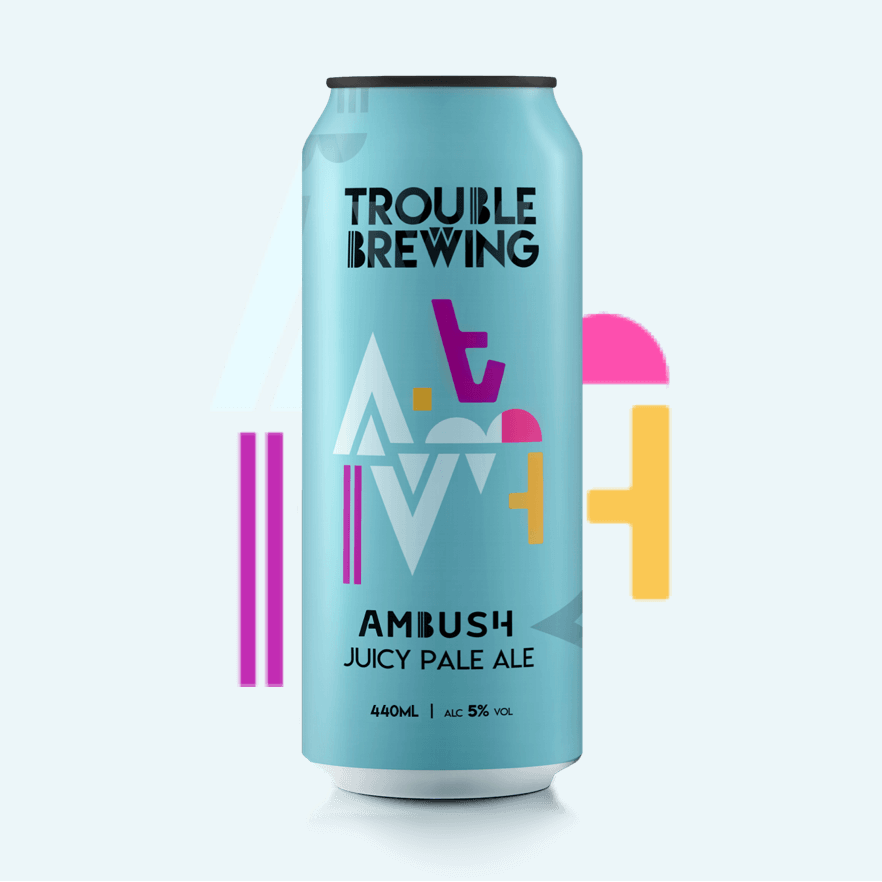 Can of Trouble Brewing Ambush Juicy Pale Ale with colorful geometric label on a light blue background.