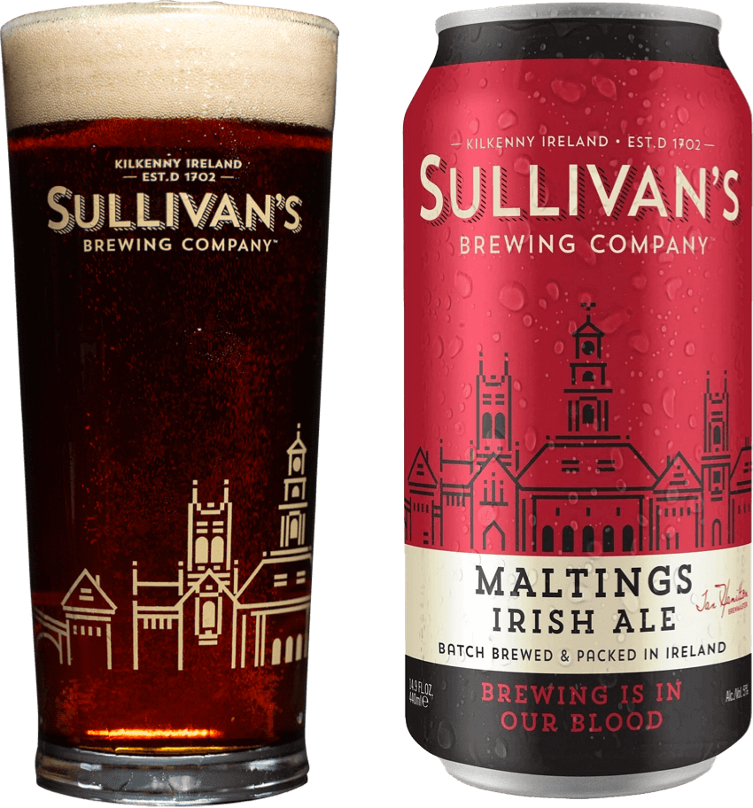 Pint of Sullivan’s Brewing Company Irish ale next to a can of Sullivan’s Maltings Irish Ale with a red label.