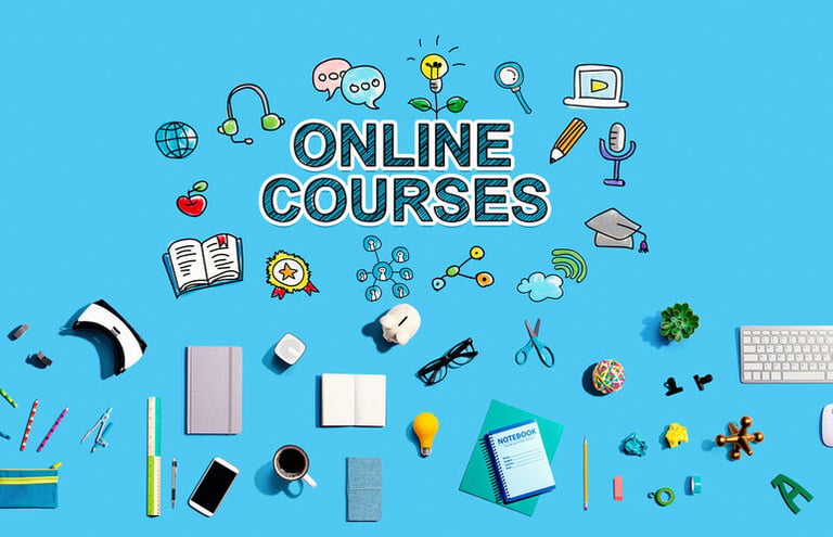 Online courses concept with learning tools and icons on a blue background.