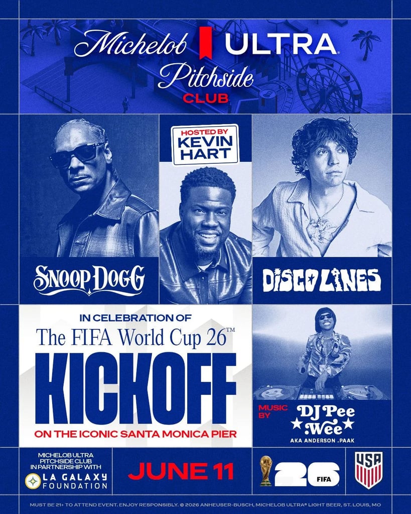Kevin Hart, Snoop Dogg, DJ Pee .Wee and Disco Lines to Open Michelob ULTRA Pitchside Club in Santa Monica for FIFA World Cup 2026™