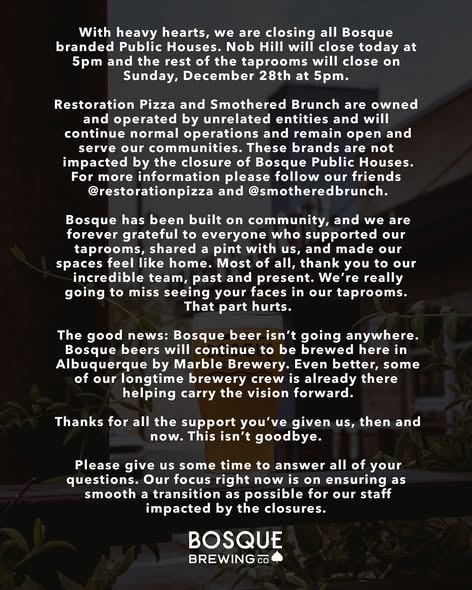 Bosque Brewing Closure Notice